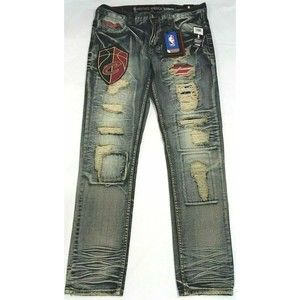 UNK Heritage America NBA Cleveland Cavaliers Distressed Patch Jeans  36 X 34 NWT
